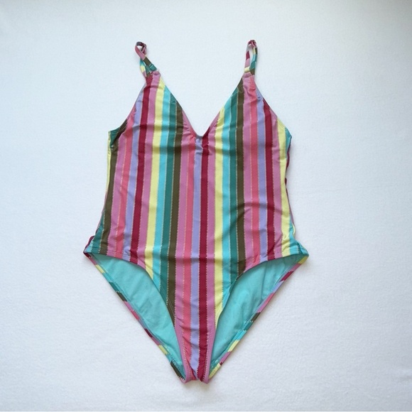 Gibson Latimer Multicolor Rainbow and gold striped One-Piece Swimsuit size Large - Picture 6 of 8